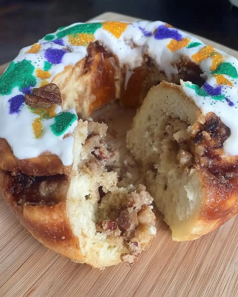 Slice of king cake served on a plate next to a cup of coffee