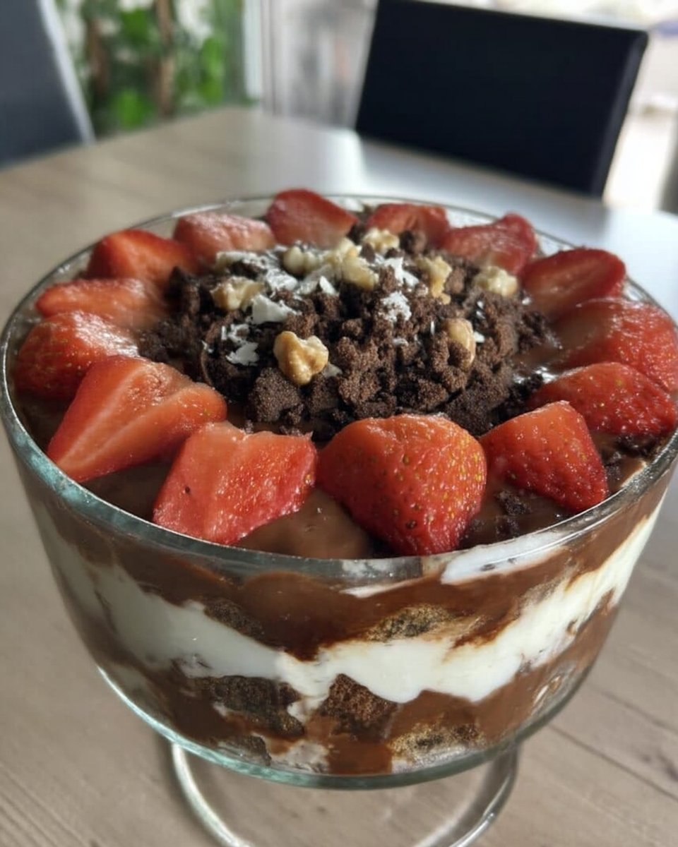Layering chocolate pudding and strawberries in a baking dish