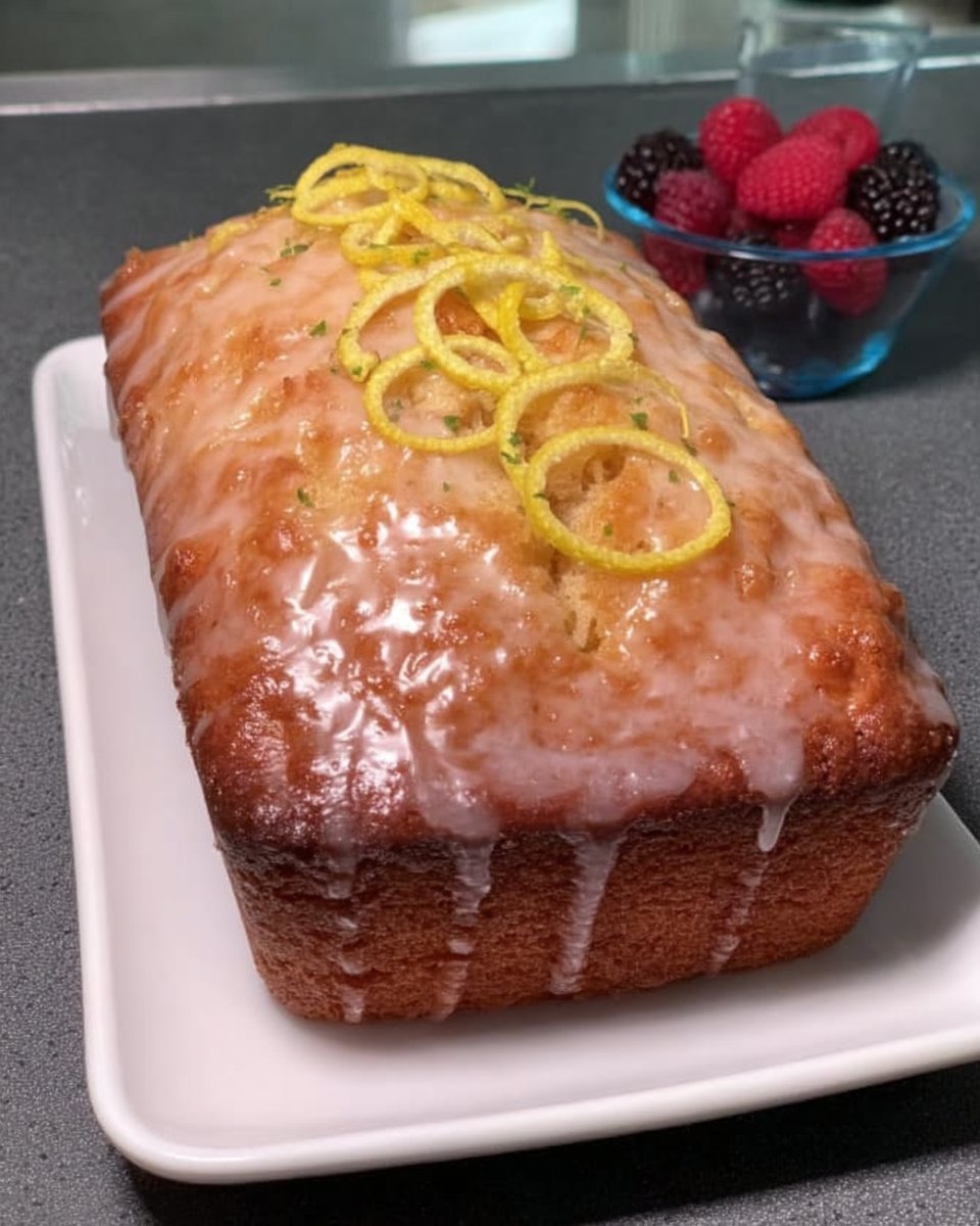 A slice of lemon drizzle cake on a plate with a cup of tea