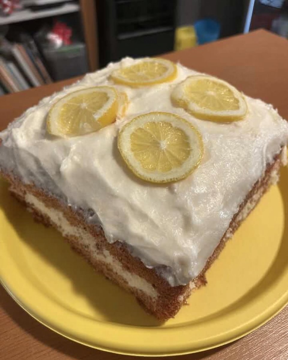 Slice of lemon layer cake with cream cheese frosting on a white plate