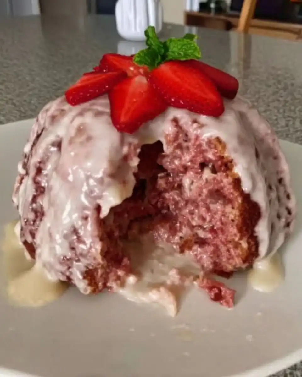 Pink strawberry cake batter being mixed in a bowl