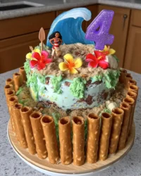 A slice of Moana birthday cake with blue frosting waves and biscuit sand layers