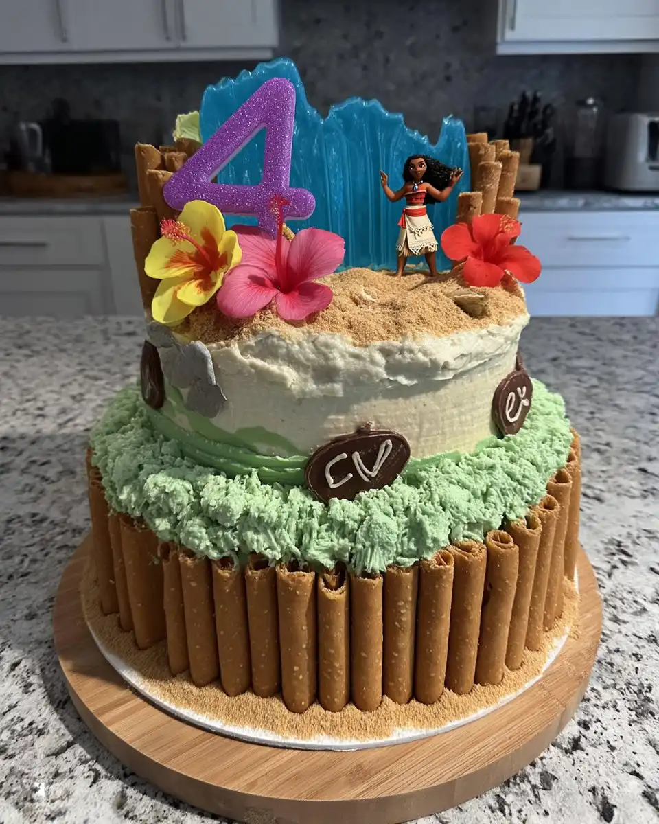 Finished Moana cake with toppers on a serving platter