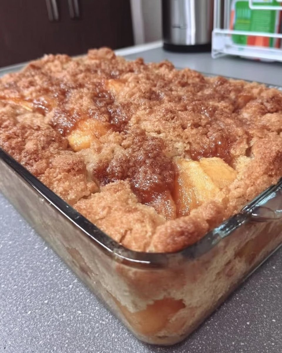 Baking ingredients including flour butter eggs and fresh peaches
