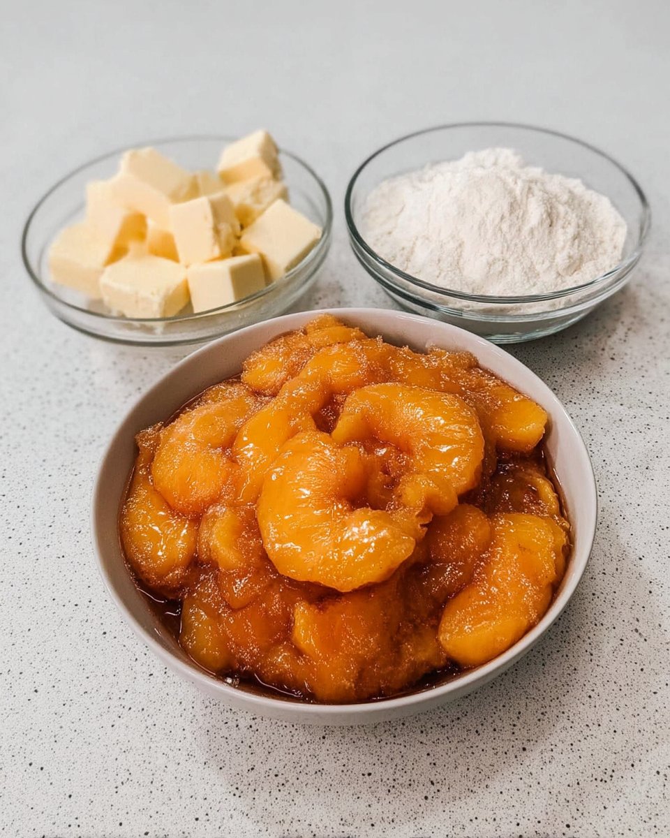 Canned peaches cake mix butter and cinnamon arranged on a table