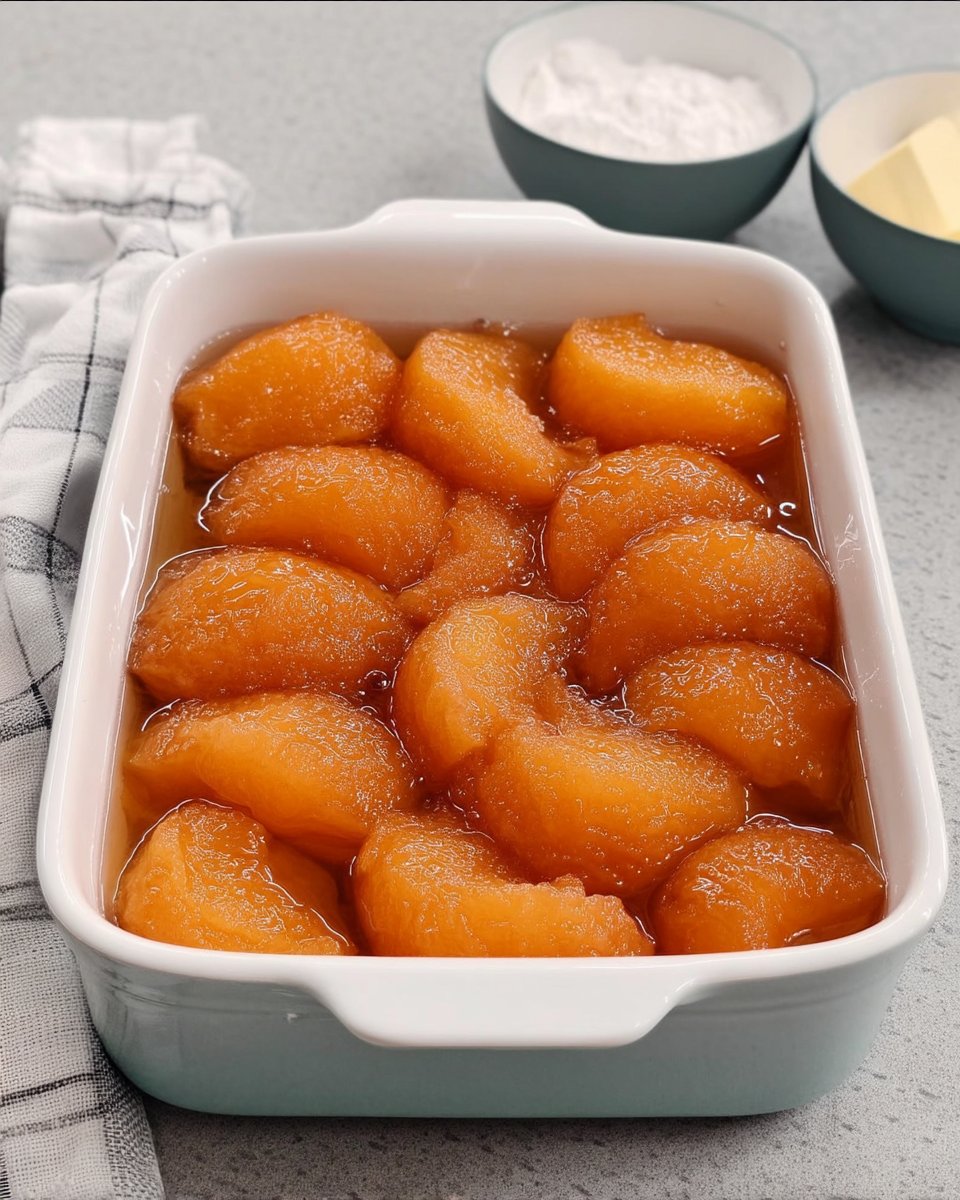 Spoonful of peach dump cake showing the gooey fruit layer