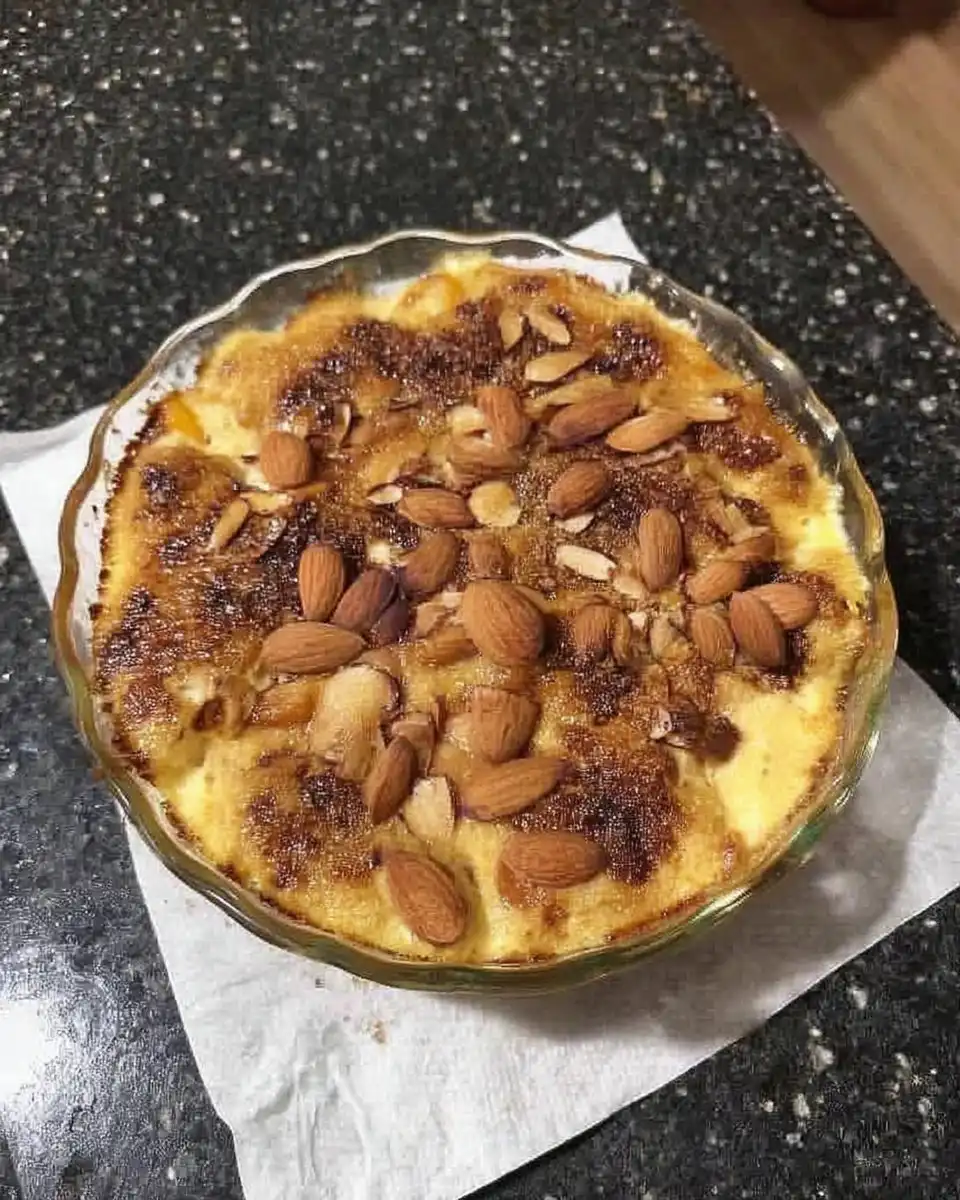 Warm peach dump cake served in a bowl with vanilla ice cream
