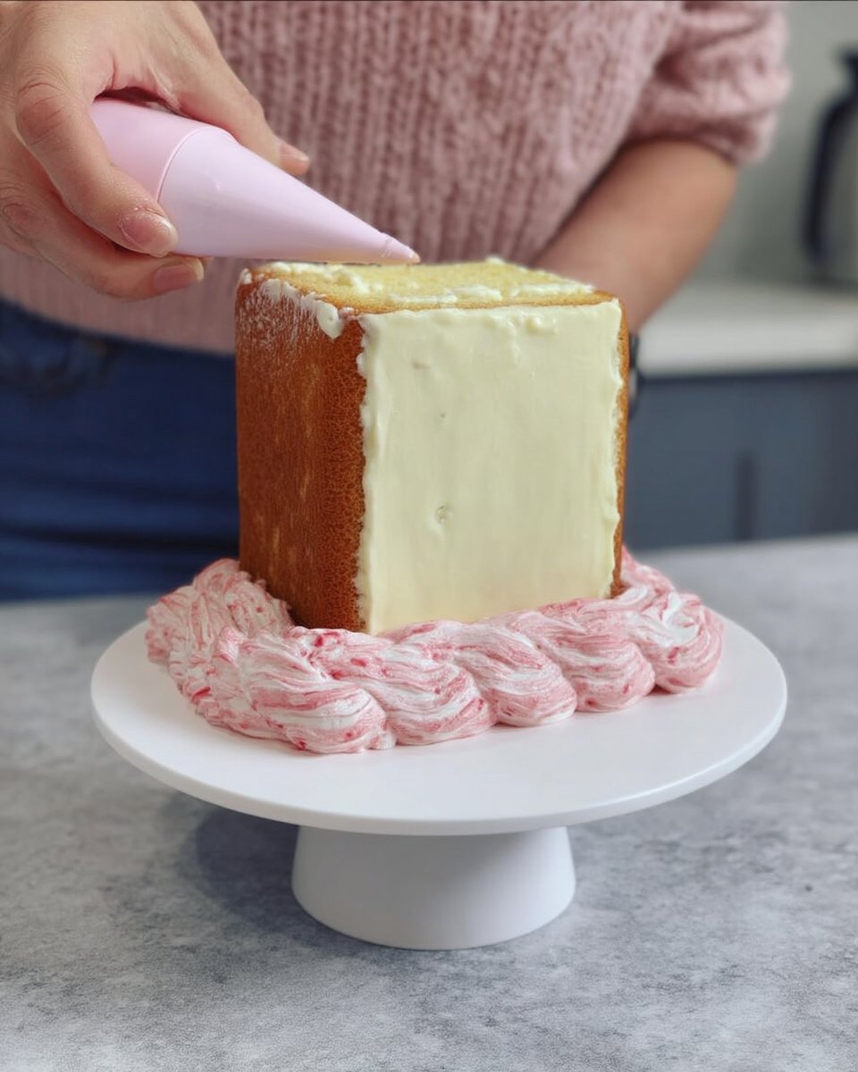 Piping black royal icing outlines on a pink and white fondant cake