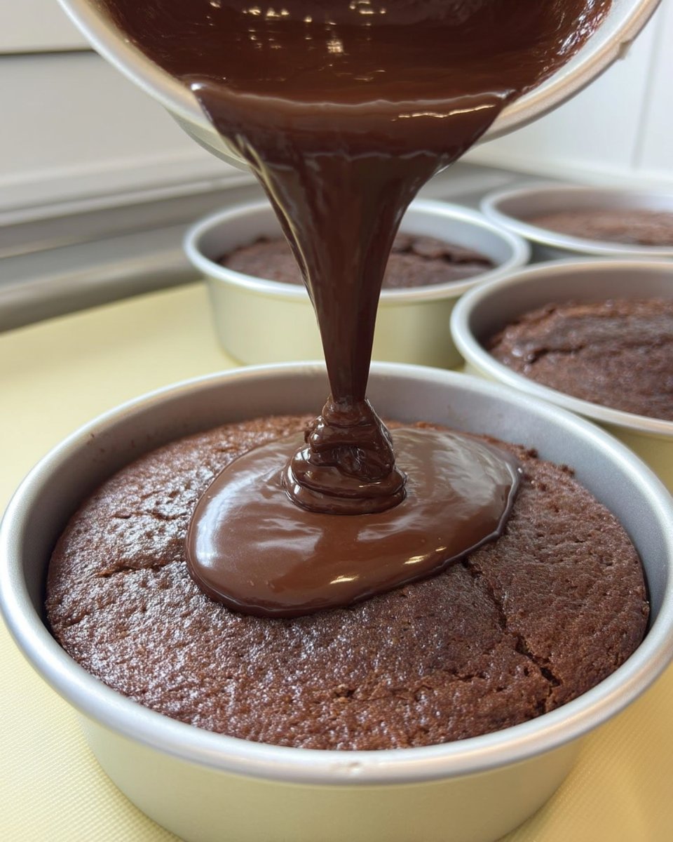 Piping salted peanut caramel onto a chocolate cake layer