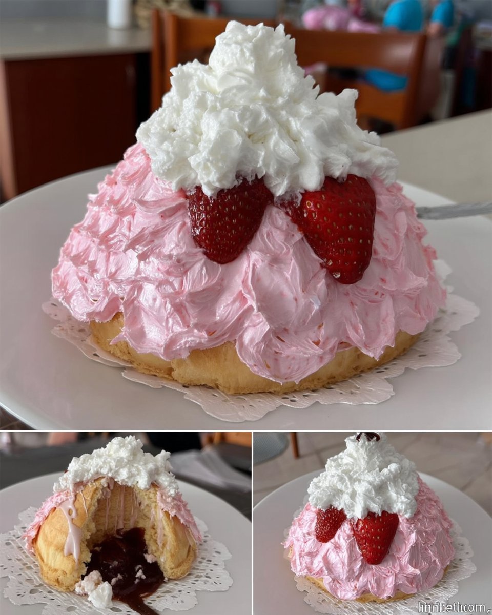 Piping pink icing onto the skirt of a doll cake