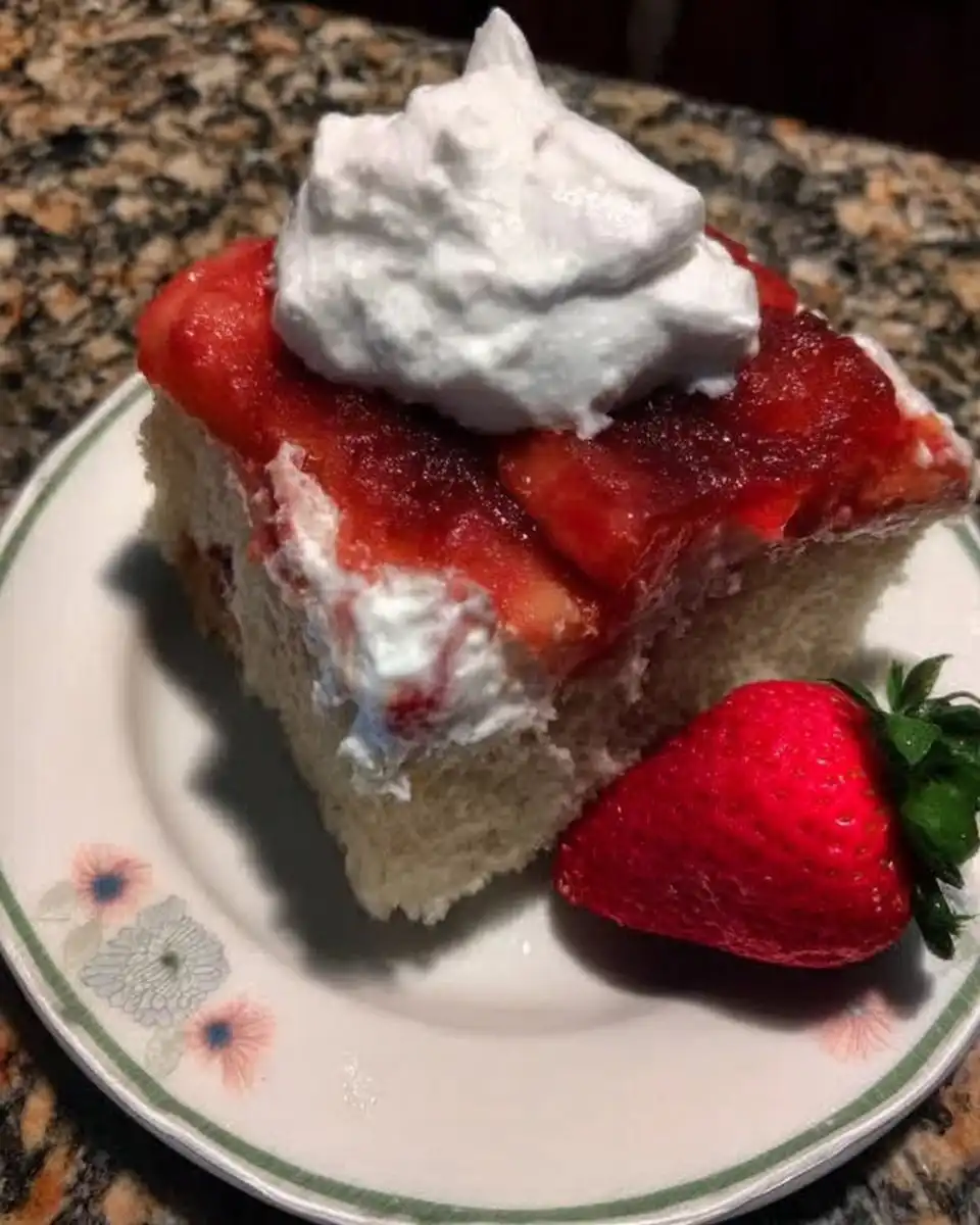Wooden spoon handle poking holes into a baked white sheet cake