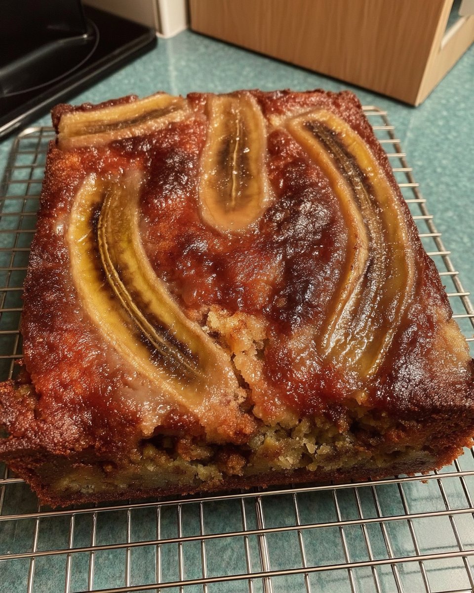 Wooden spoon handle poking holes in a baked yellow cake