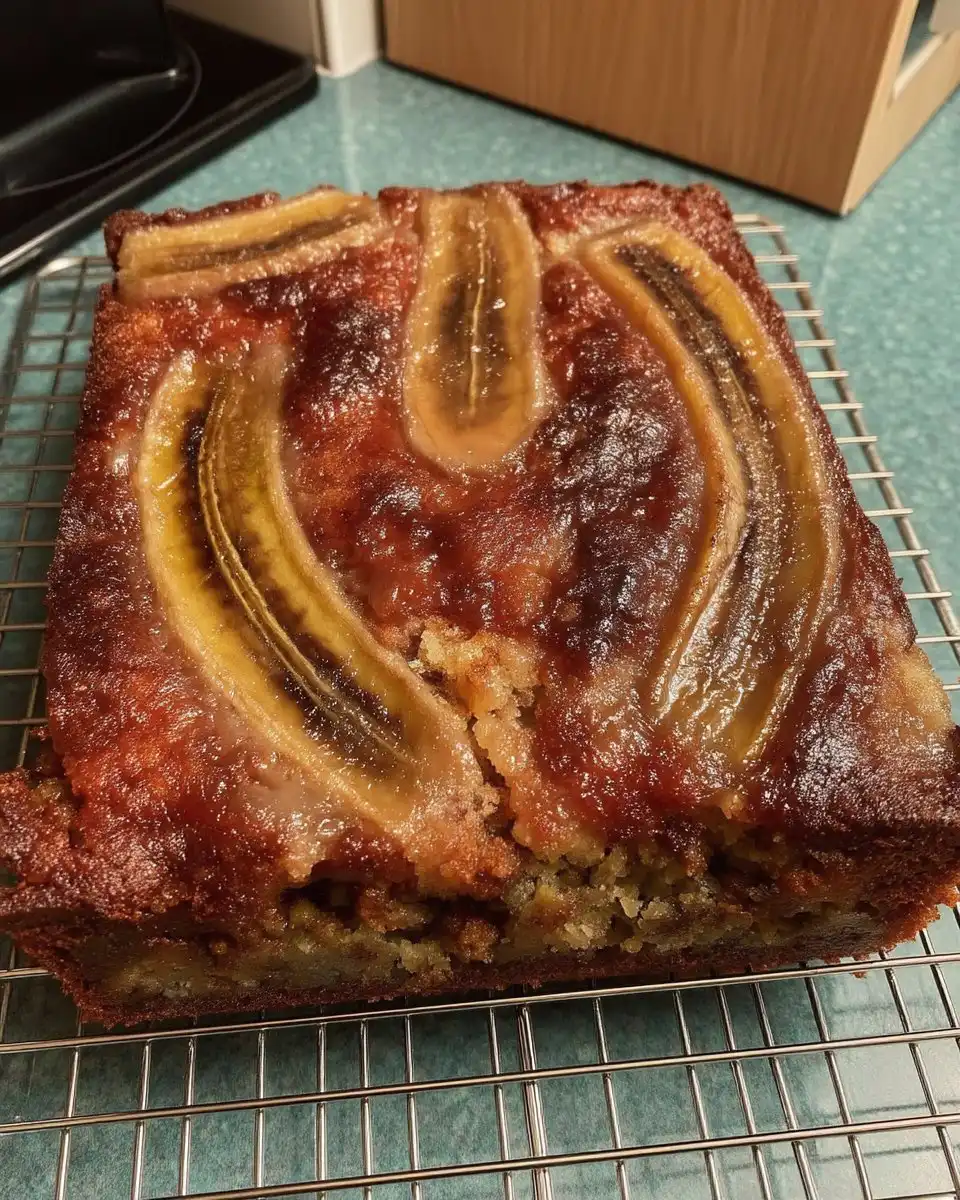 Wooden spoon handle poking holes in a baked yellow cake