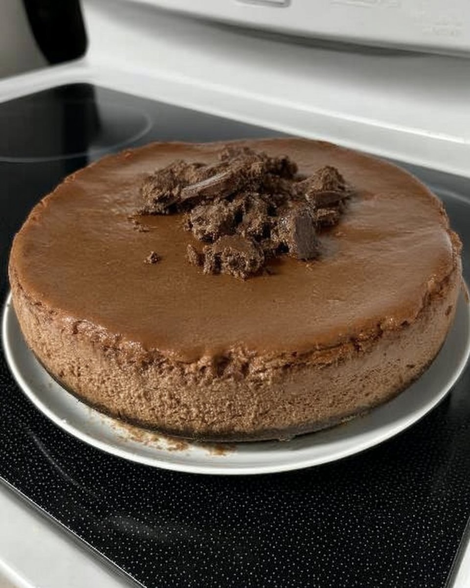 Pouring glossy chocolate ganache over baked cheesecake