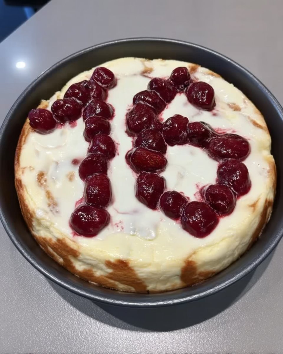Pouring strawberry sauce over baked cheesecake