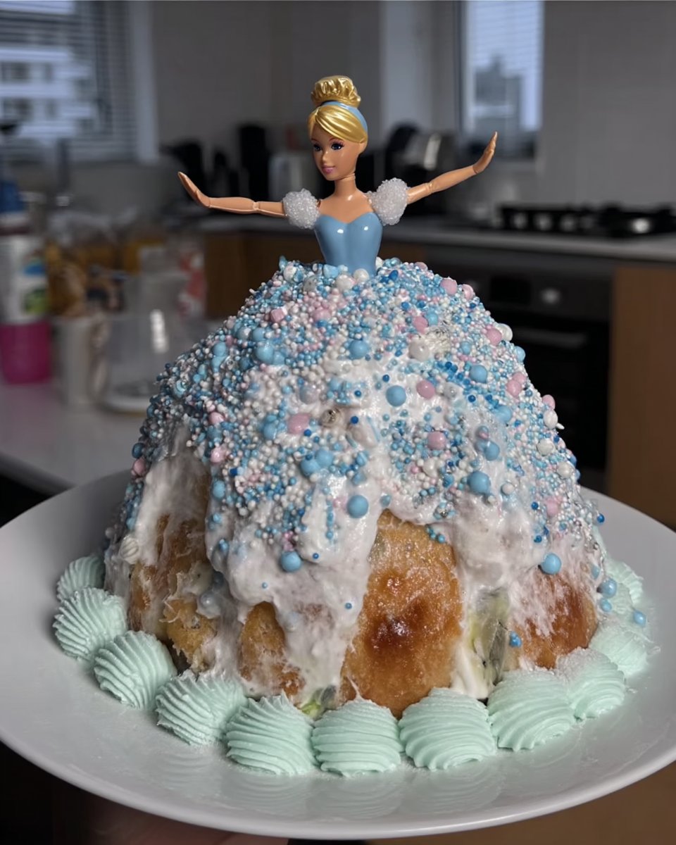 Princess tsunami cake with blue ganache flowing down like a dress