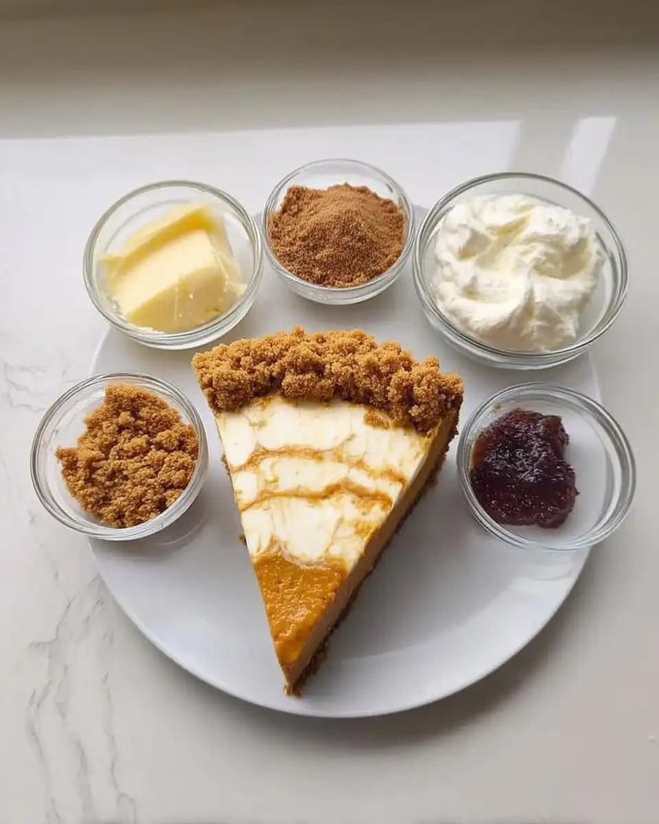 Ingredients for pumpkin cheesecake including puree cream cheese and spices