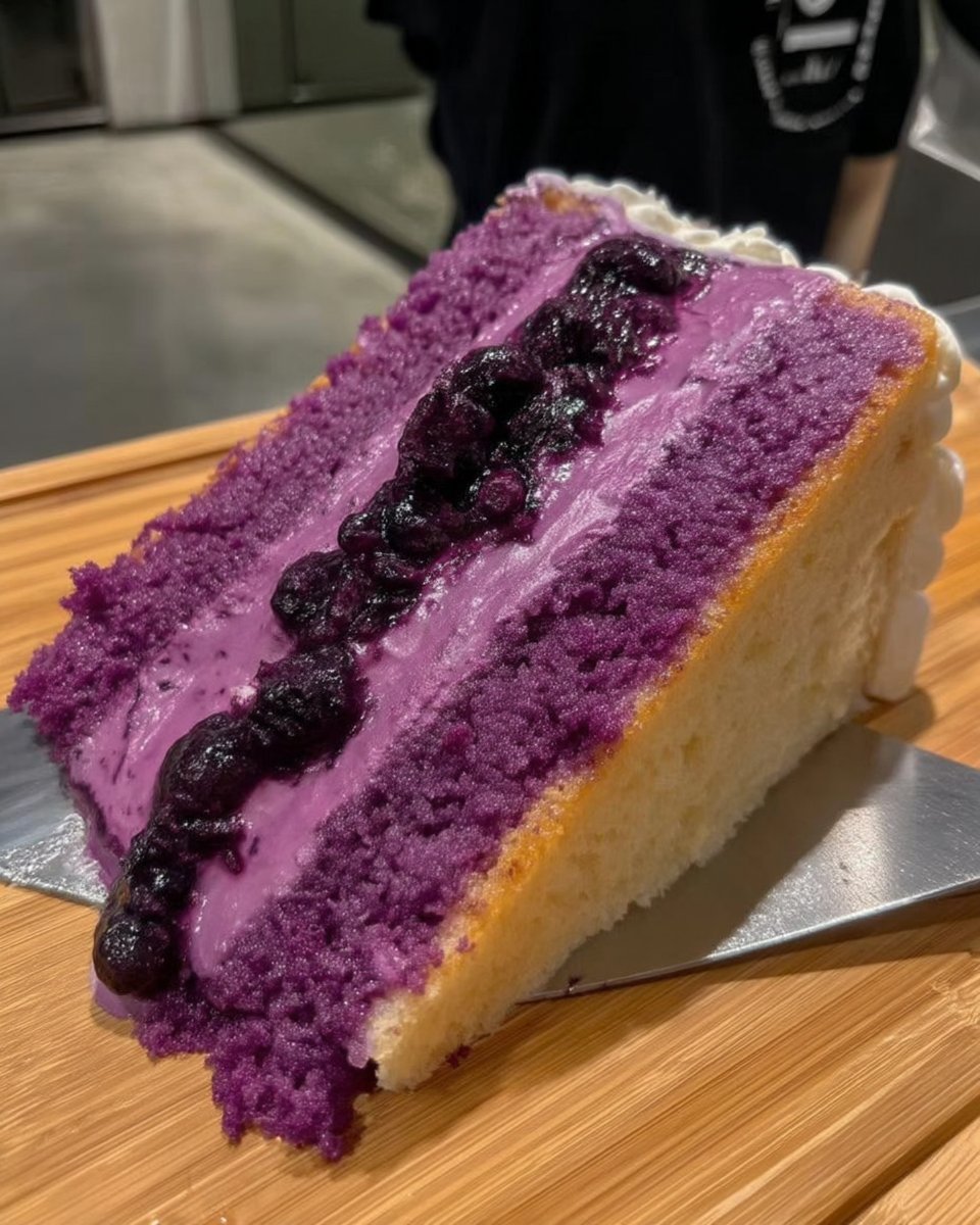 Baked purple sheet cake cooling in a 9x13 pan