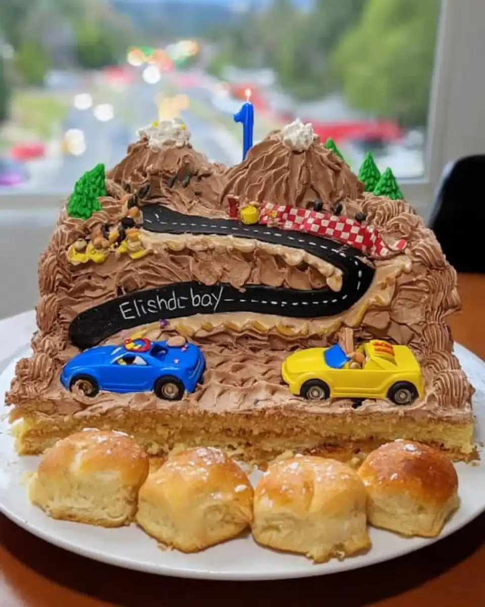 Ribbon cake served with fresh berries and coffee
