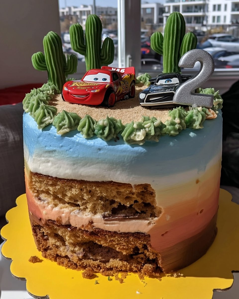 Slice of chocolate car cake showing ganache layers