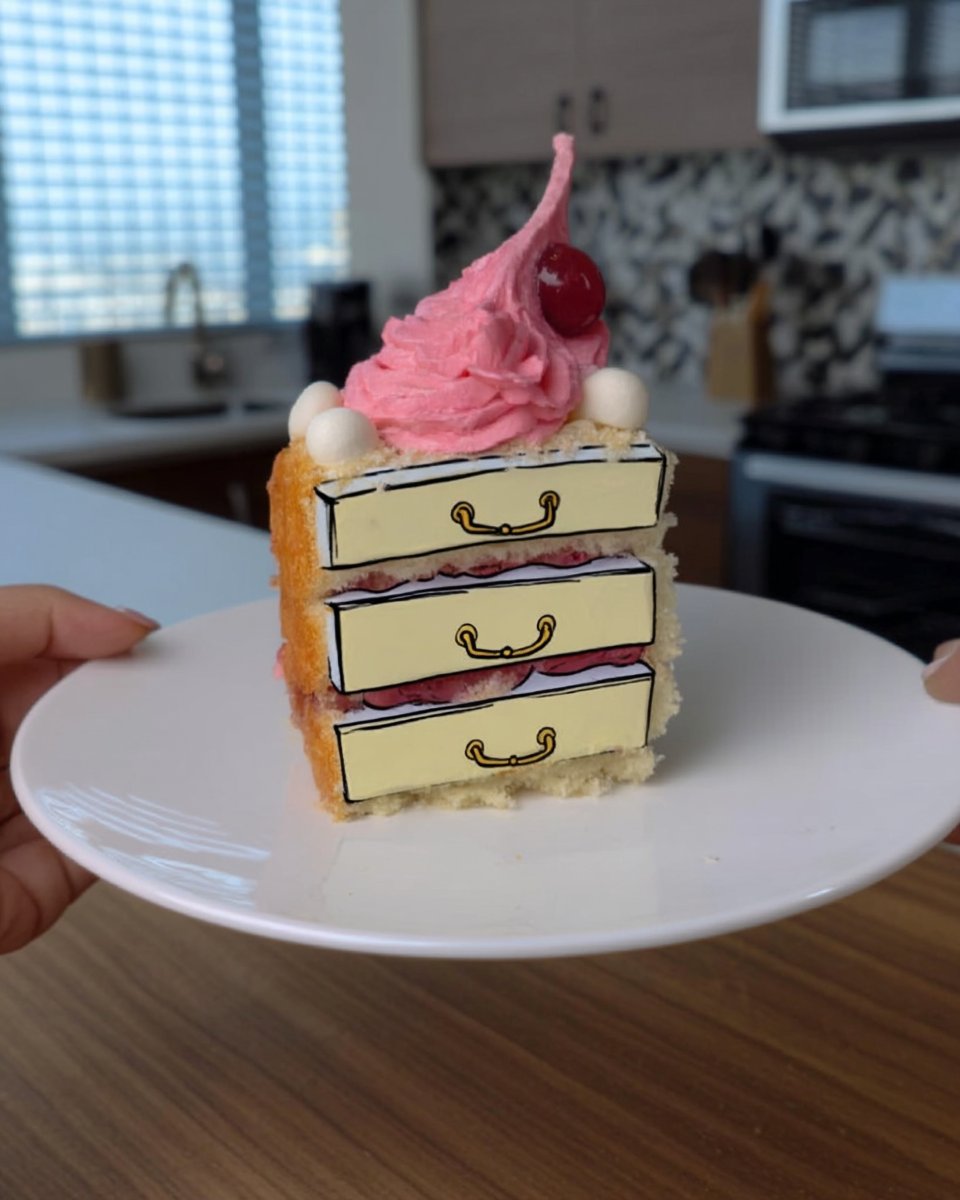 Finished comic cake slice served on a white plate