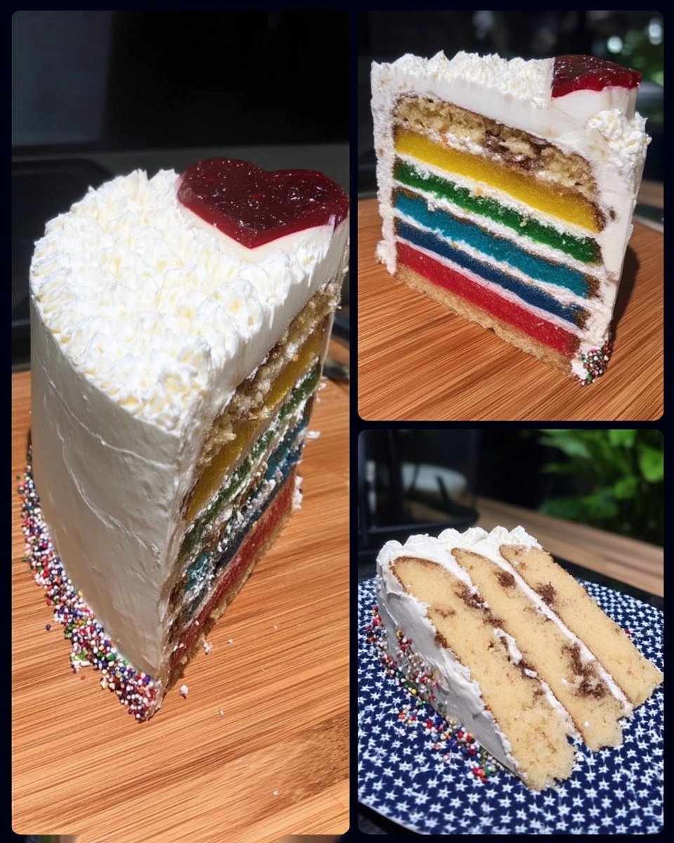 Whole lemon rainbow cake with sprinkles and a slice removed