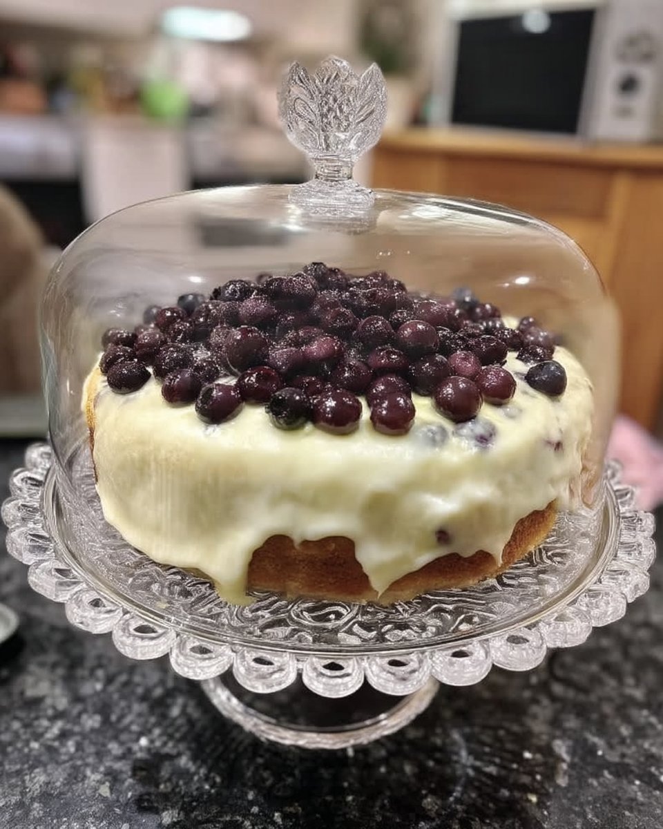 Lemon Blueberry Cake 14 Lemon blueberry cake served on a white plate with a fork