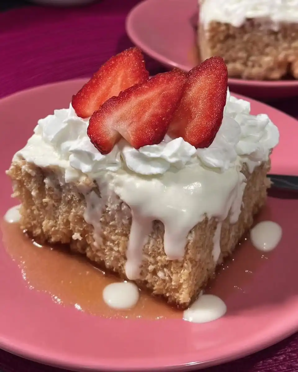 Whole strawberry tres leches cake topped with fresh berries