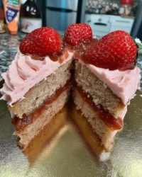 Slice of simple pink cake with strawberry cream cheese frosting on a white plate