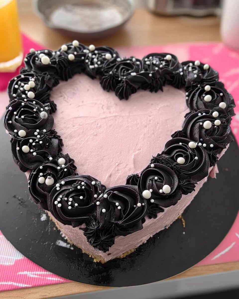 Heart shaped valentine cake with white icing on a serving platter