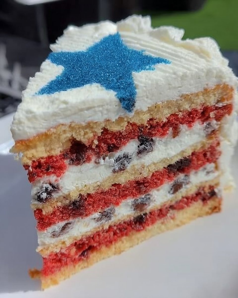 Slice of red white and blue cake