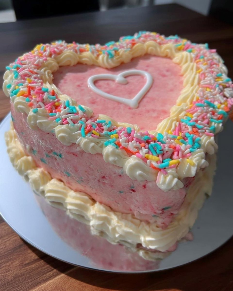 Slice of vanilla heart cake with pink frosting on a plate