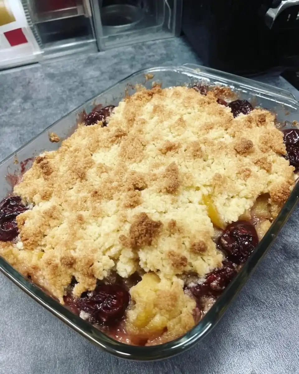 3 Ingredient Dump Cake 13 Baking pan with dry cake mix topped with thin slices of butter
