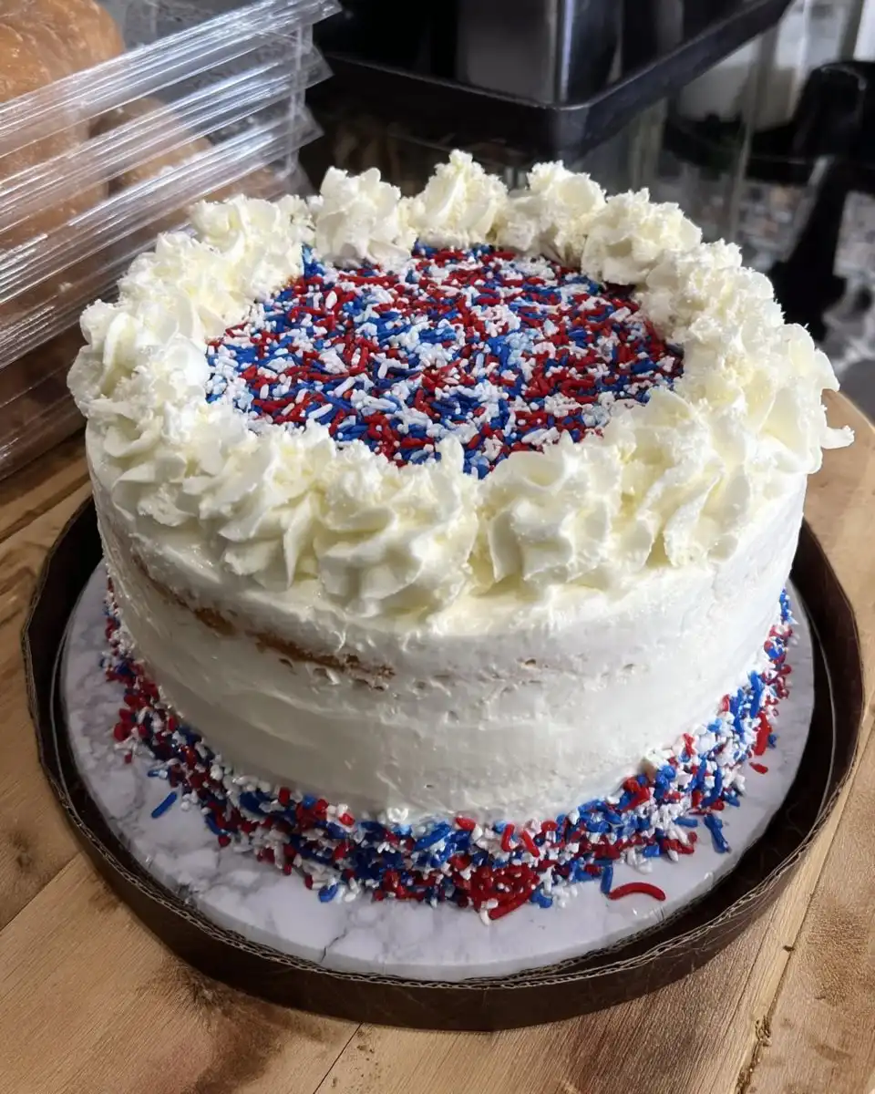 Slice of flag cake on a white plate with fork