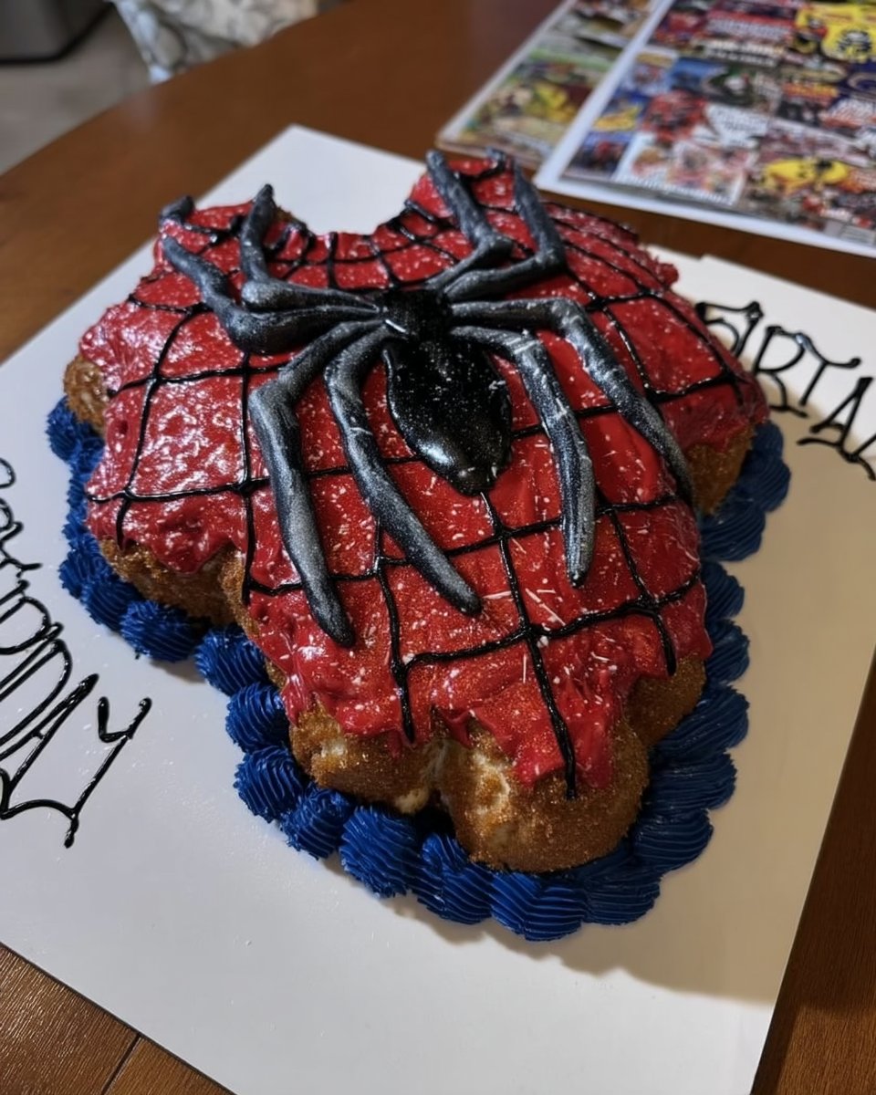 Spider Man Cake 14 Sliced red fondant cake on a plate