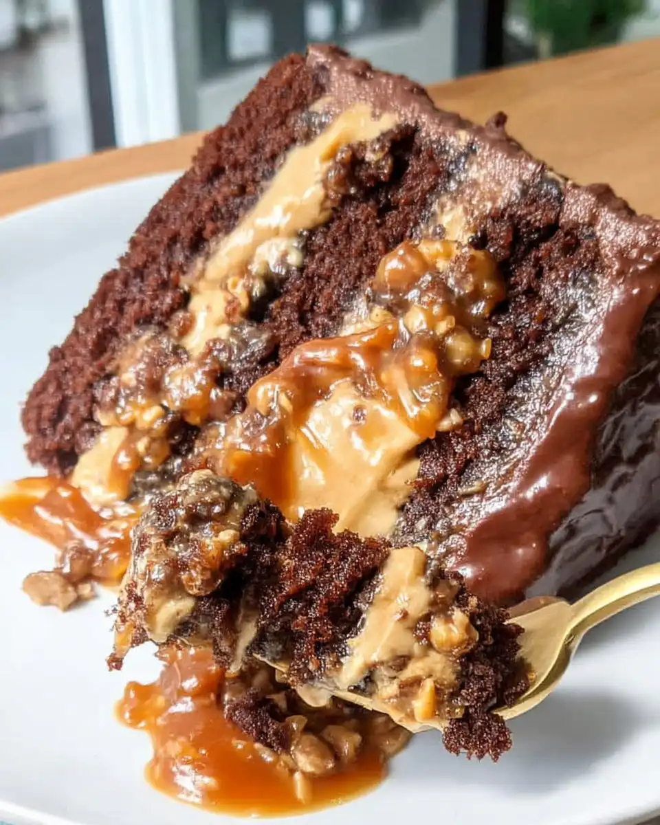 Whole decorated Snickers cake with chocolate ganache drip and chopped candy bars