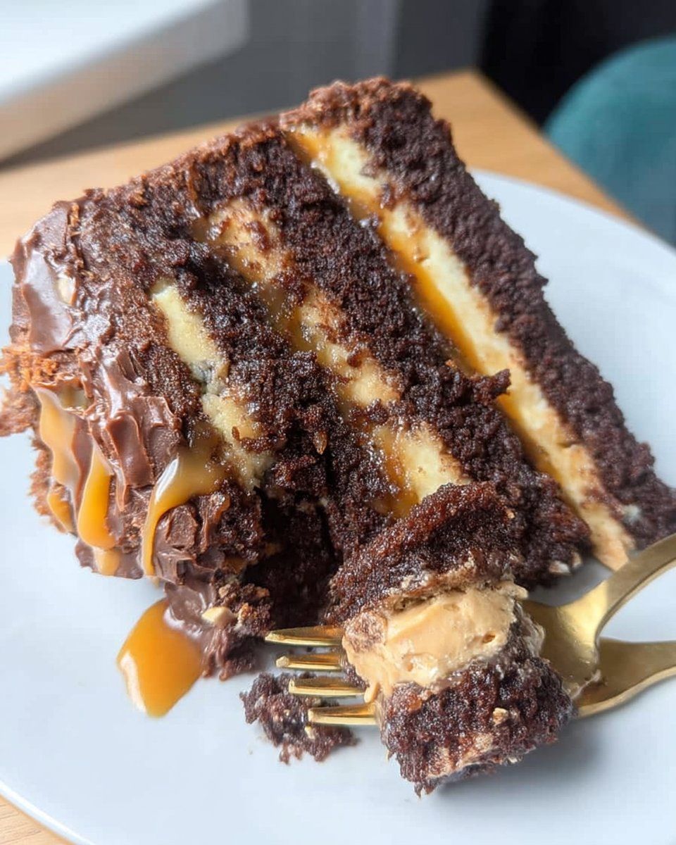 Slice of Snickers cake with layers of chocolate cake peanut caramel and peanut butter frosting