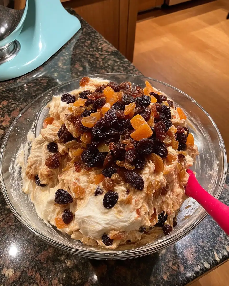 Dried fruit soaking in warm water in a small bowl