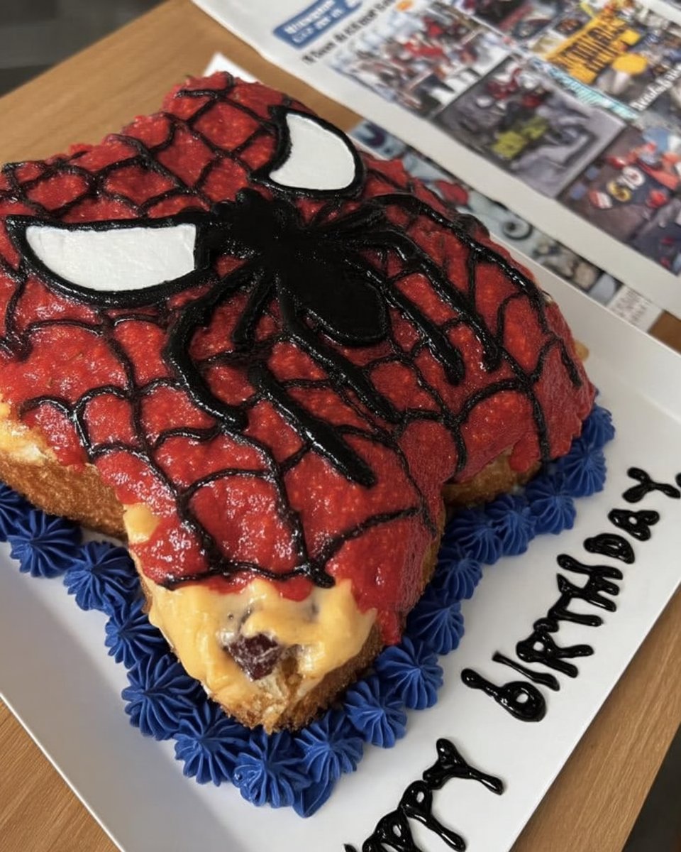 Spider Man cake shaped like a face with red fondant and webbing