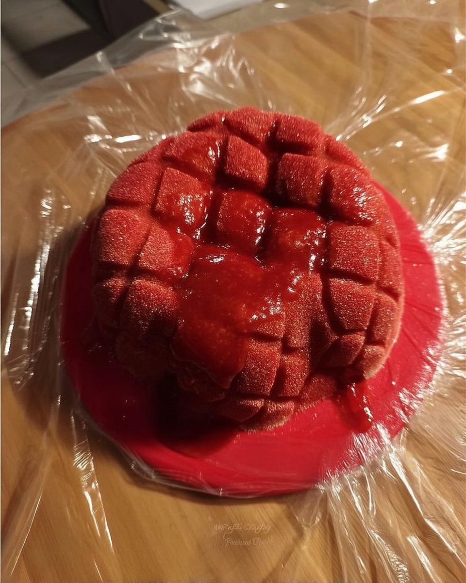 Velvet Spray Cake 13 Spraying red velvet mixture onto a frozen cake in a box