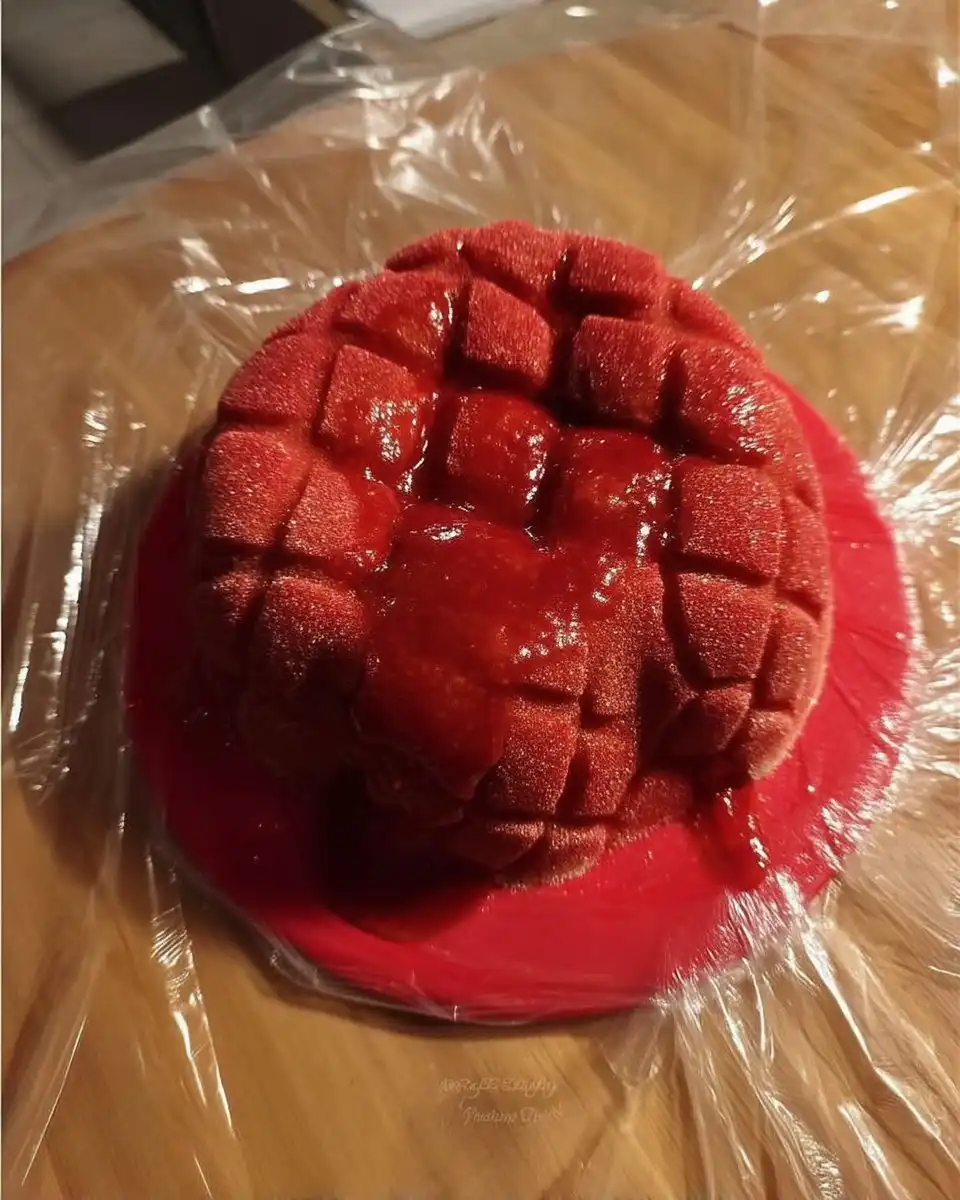 Spraying red velvet mixture onto a frozen cake in a box