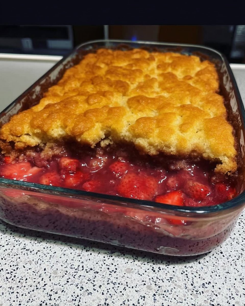 Ingredients for strawberry sheet cake including fresh strawberries and flour