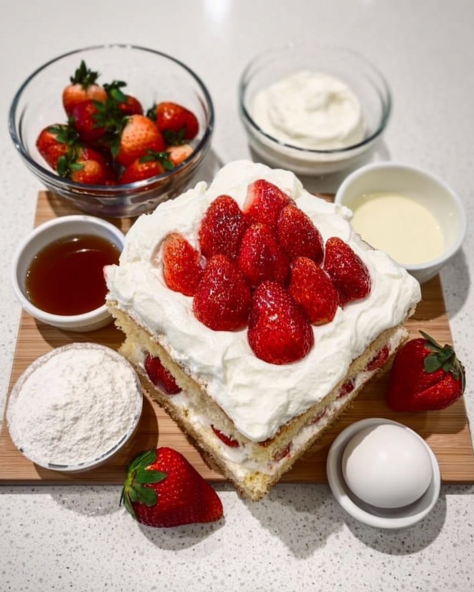 Ingredients for easy strawberry tres leches cake including cake mix and canned milk
