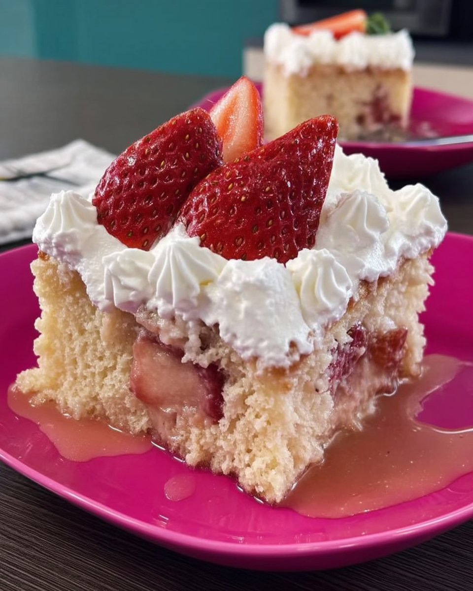 Slice of moist strawberry tres leches cake with whipped cream topping
