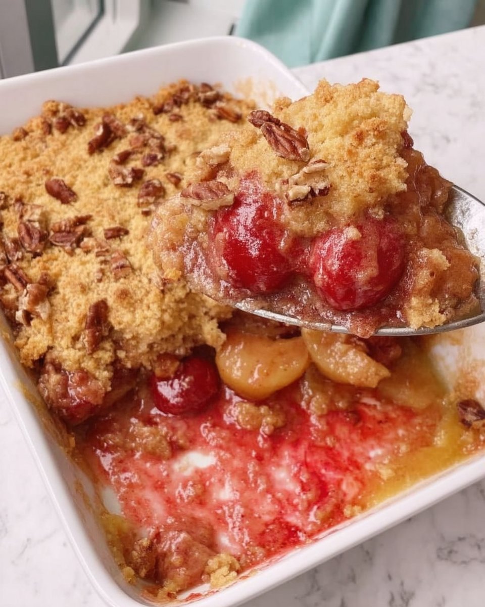 3 Ingredient Dump Cake 14 Warm cherry dump cake in a bowl topped with melting vanilla ice cream