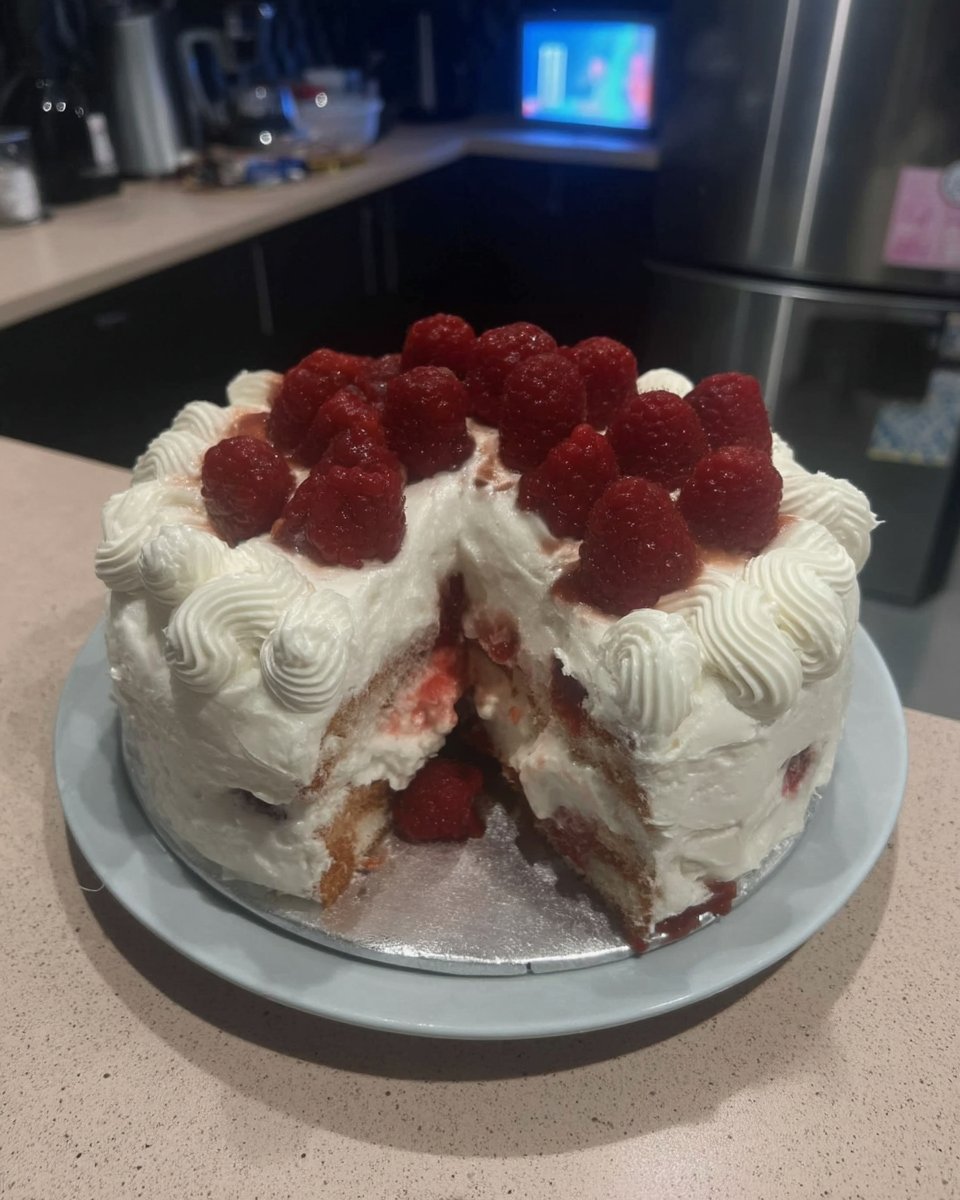 A simple white almond sour cream cake on a stand ready for cake decorating