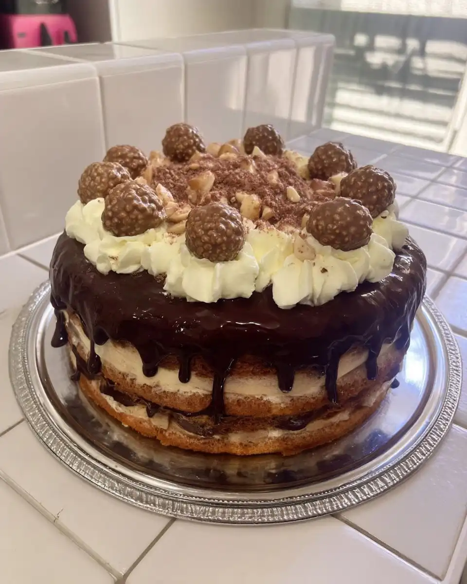Whole decorated Ferrero Rocher cake on a cake stand
