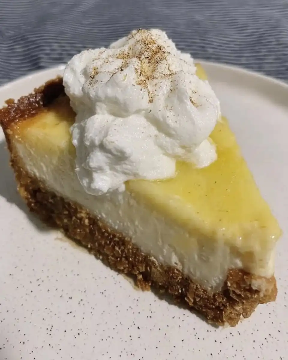 Whole lemon cheesecake topped with whipped cream swirls