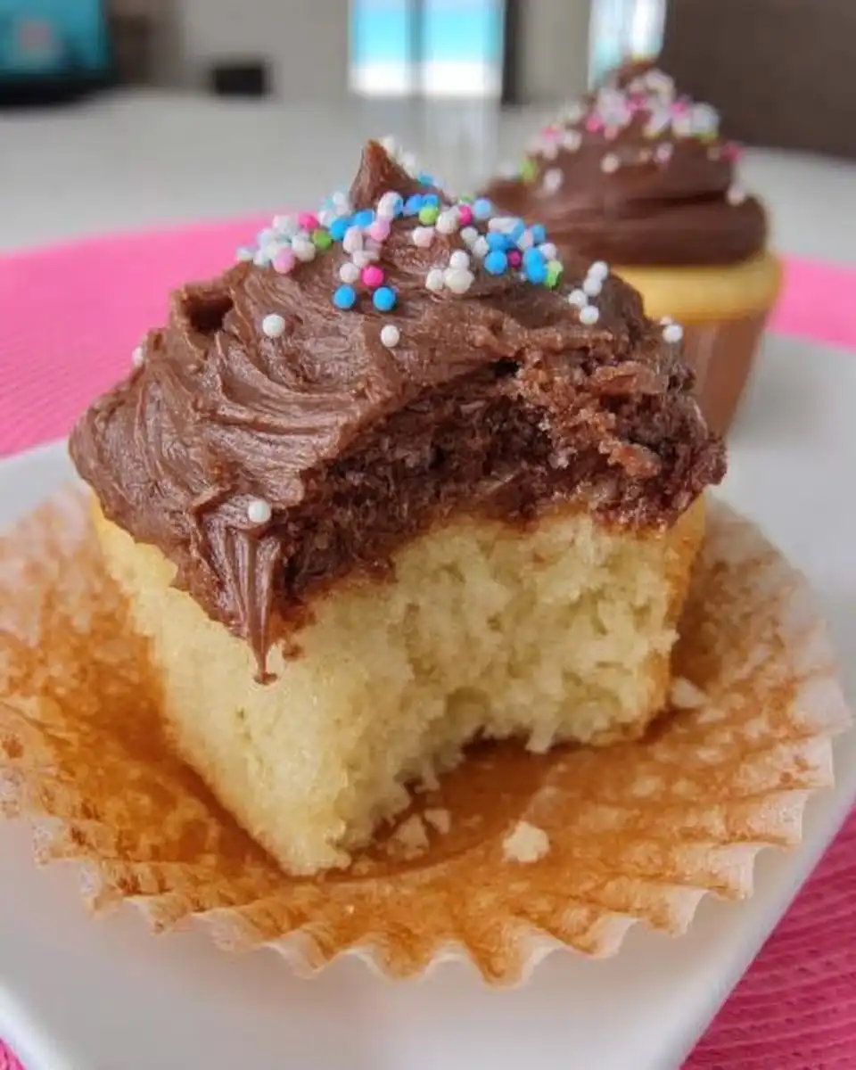 Yellow Cake with Chocolate Frosting 10 Slice of moist yellow cake with chocolate buttercream frosting on a white plate
