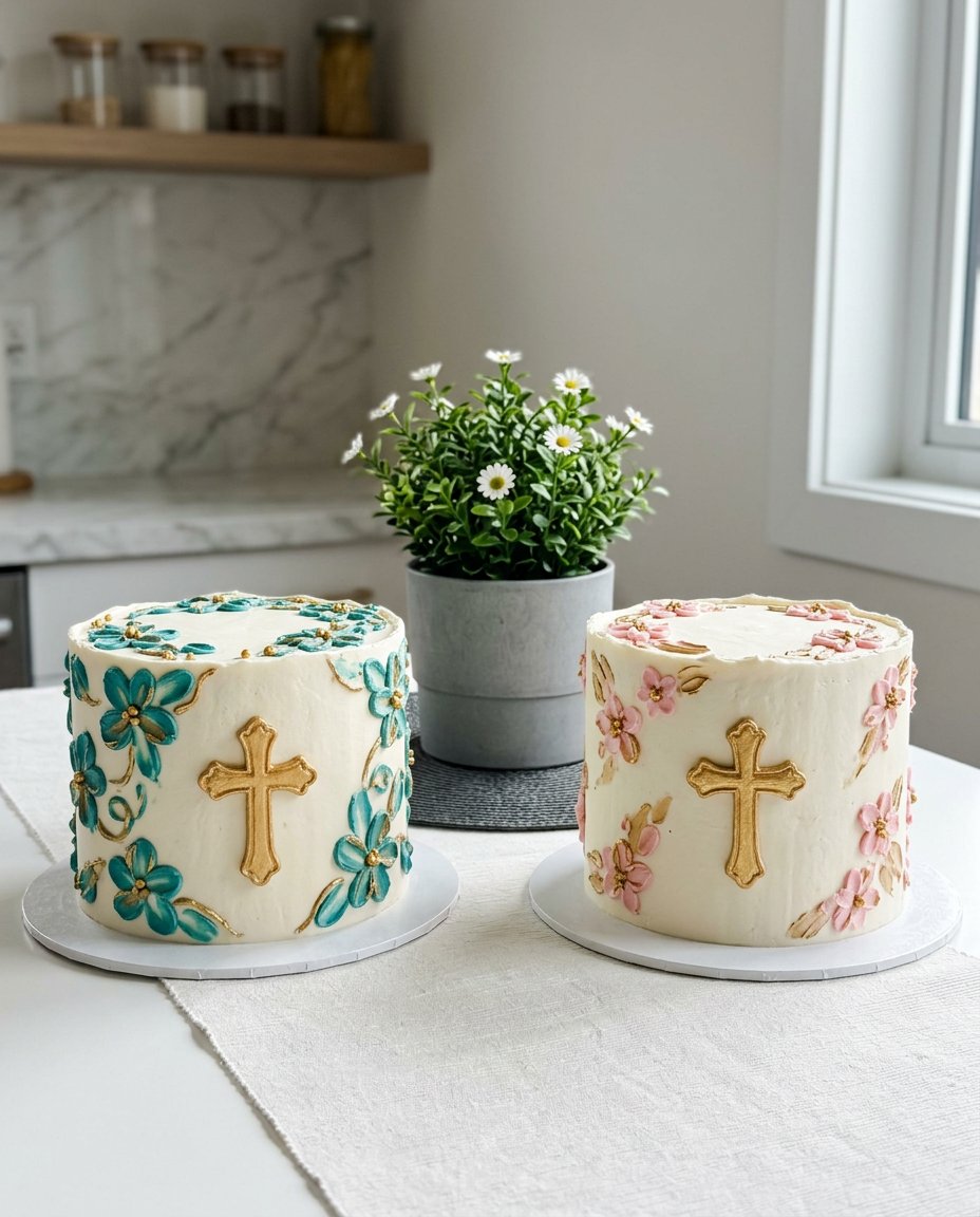 A tall white baptism cake with piped stars and floral decorations